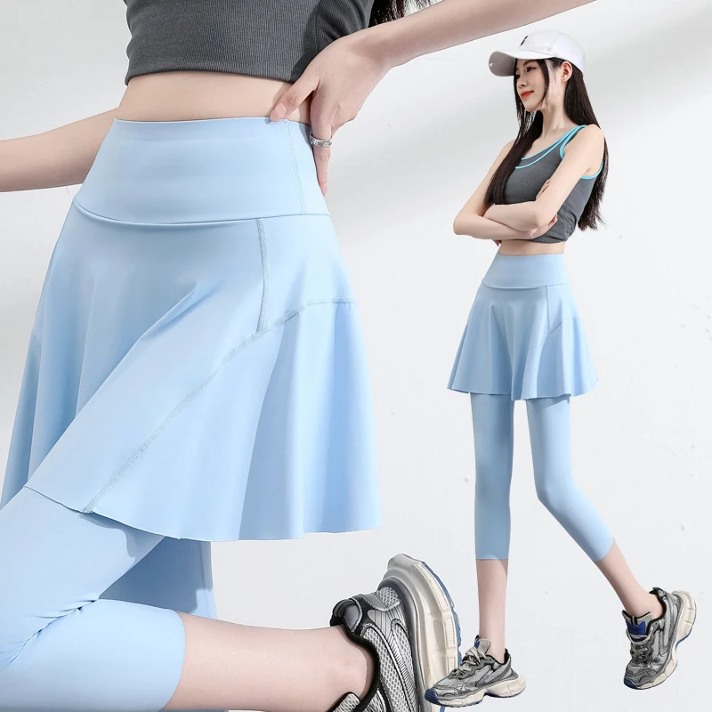 Women's 7/8 Yoga Skirt Capris 2 in 1 with Pockets High Waist Summer Thin Cover-up Plus Size Workout Skort Female clothing