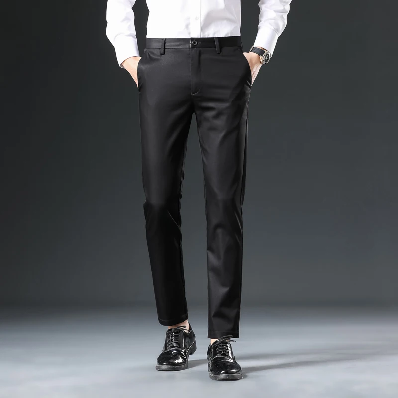 Ultra-thin Elastic Men's Casual Trousers Summer Quick-drying Ice Silk Slim Straight Business Solid Color Trousers Black Gray