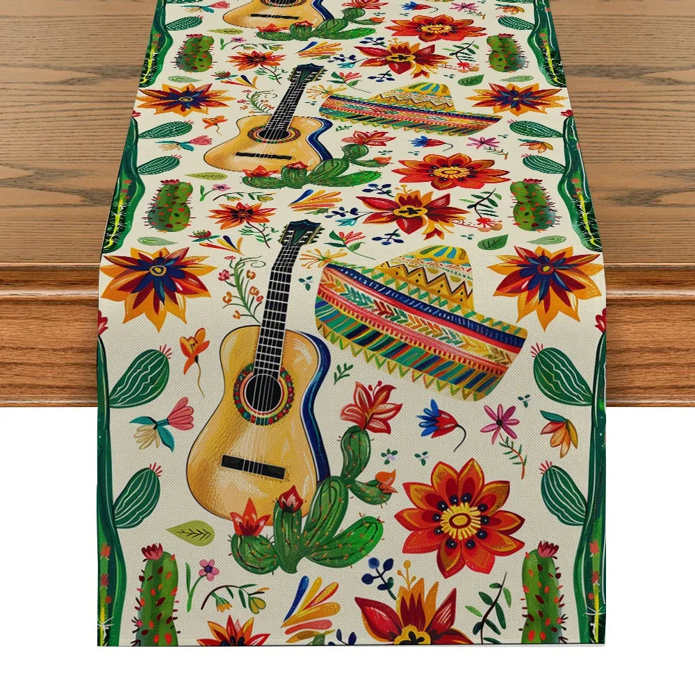 Mexican Table Runner Dining Table Decoration Kitchen Supplies Guitar Straw Hat Cactus Table Runner Party Decoration