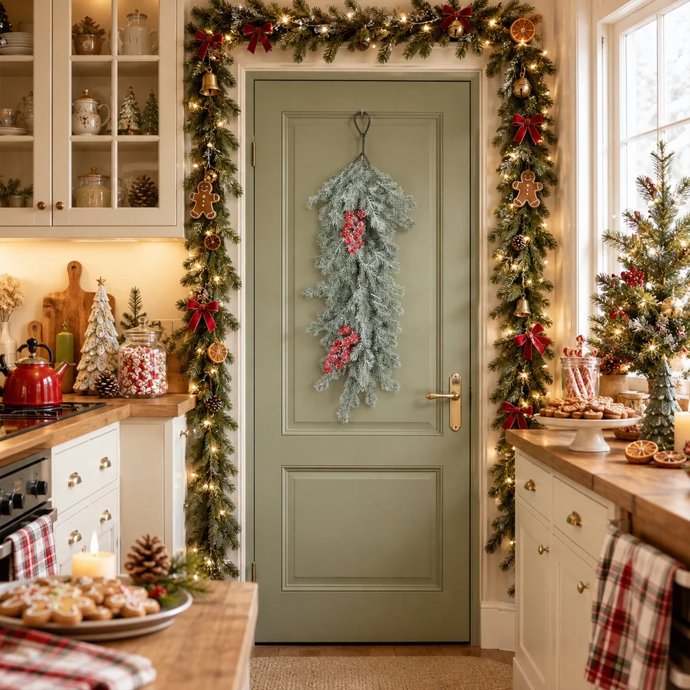 60cm Frosted Pine Drop Swag With Red Berries - Flexible Artificial Christmas Garland For Home Holiday Decoration