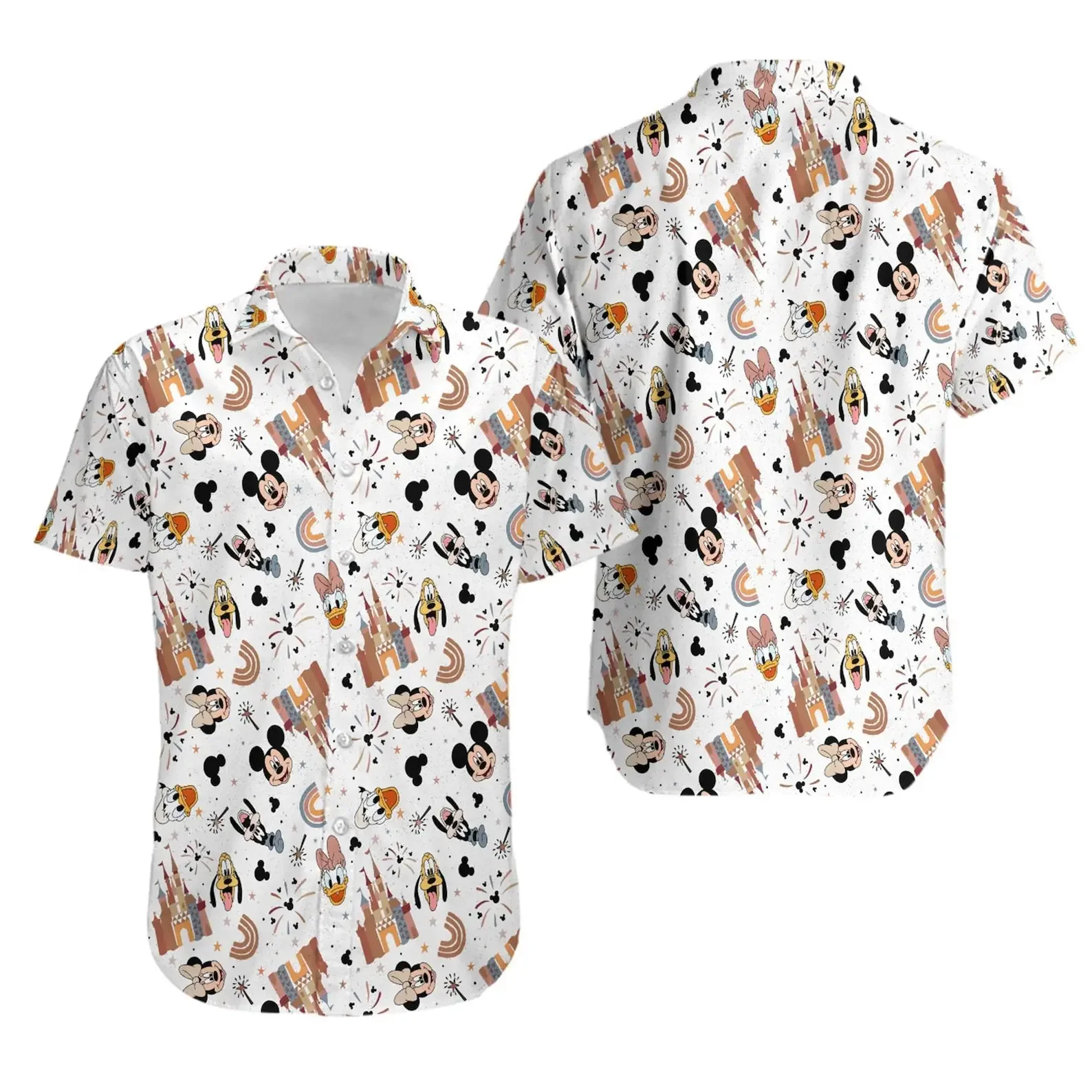 Homens e Mulheres Mickey Mouse Bohemian Magic Castle Camisa havaiana, Disney Minnie Beach Camisa