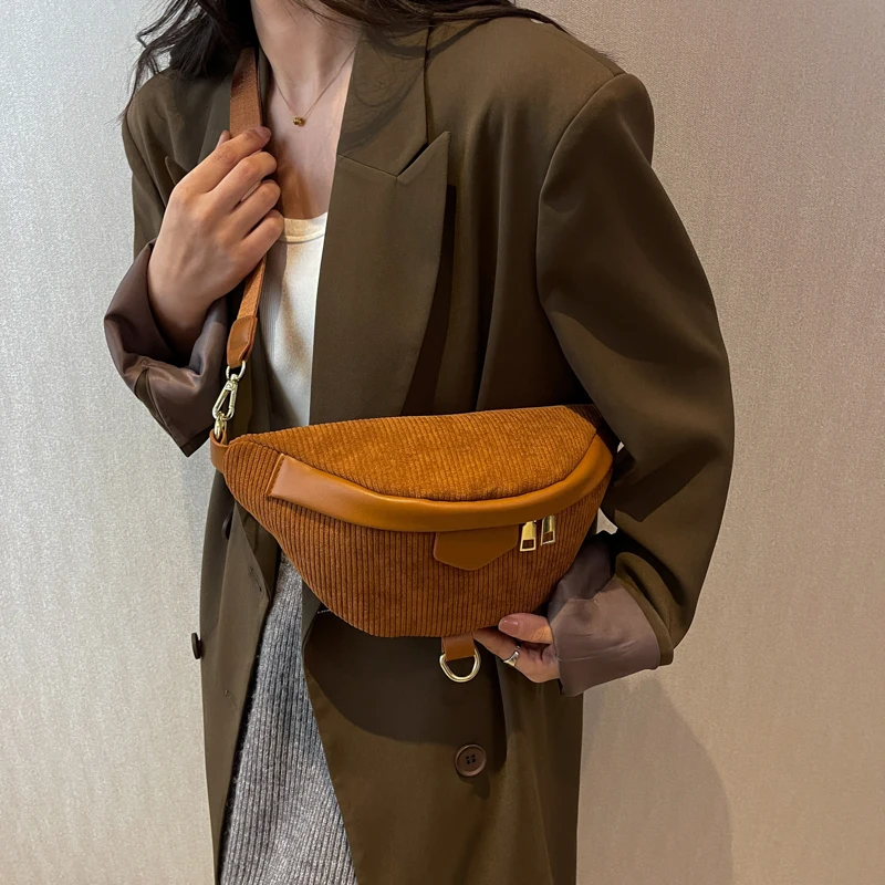 Casual Corduroy Crossbody Bag For Women Fanny Waist Pack Simple Travel Phone Purse Large Canvas Waist Bag Banana Hip Belt Bag