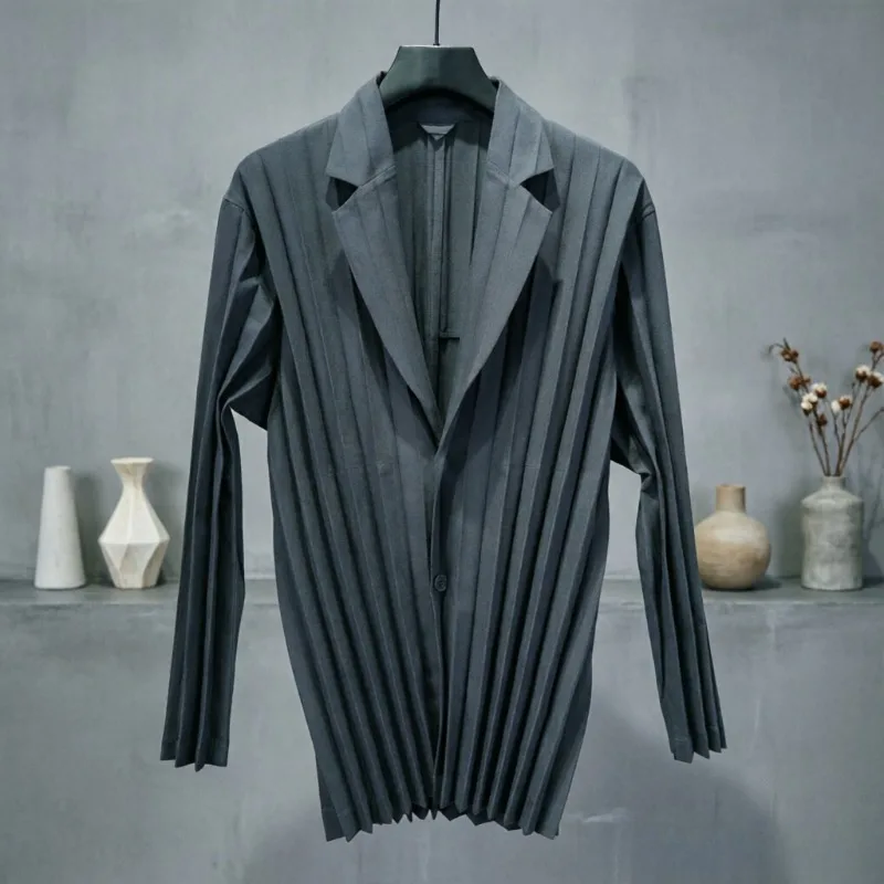 Miyake Plissierte Herrenjacke Mode Einfach Lässig Langarm Umlegekragen Origami-Anzug Business Büro Hemd Bügelfrei