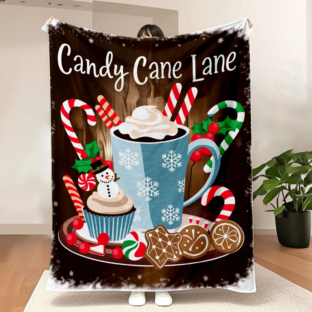 1PC Candy Cane Lane Hot Cocoa Print Blanket-Made of soft, fluffy flannel, perfect for sofas, beds, or recliners. Ideal for Chris