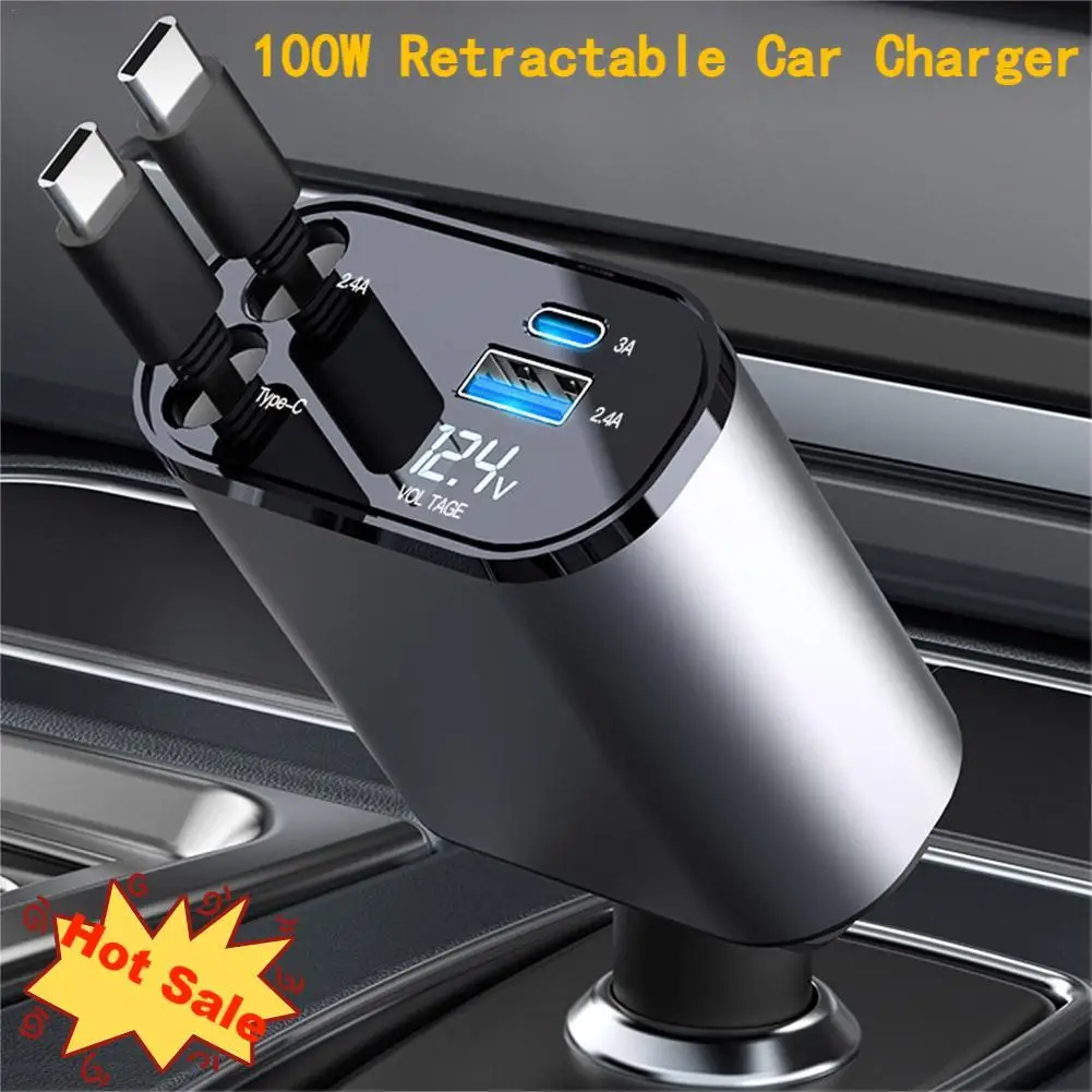 

100W 4 IN 1 Retractable Car Charger Cigarette Fast Charging Lighter Adapter USB Type C Cable For IPhone