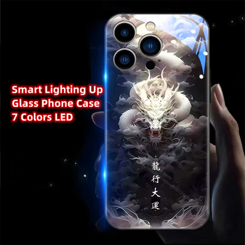 

Great Fortune Dragon Smart LED Light Glow Tempered Glass Phone Case For iPhone 16 15 14 13 12 11 Pro Max X XS XR Plus SE2020