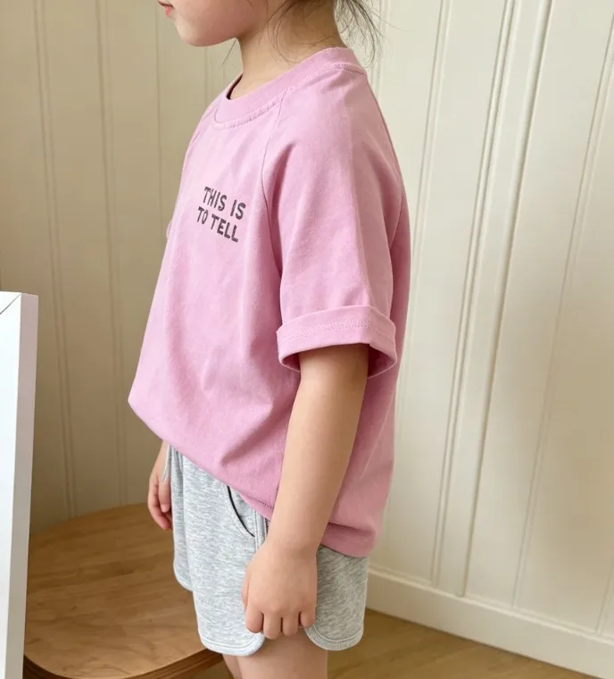 2 Pcs Set 2026 Summer New Design Childrens T-shirt Korean Style Boys and Girls Pink Letter-Print Short-Sleeved Shirt Kids