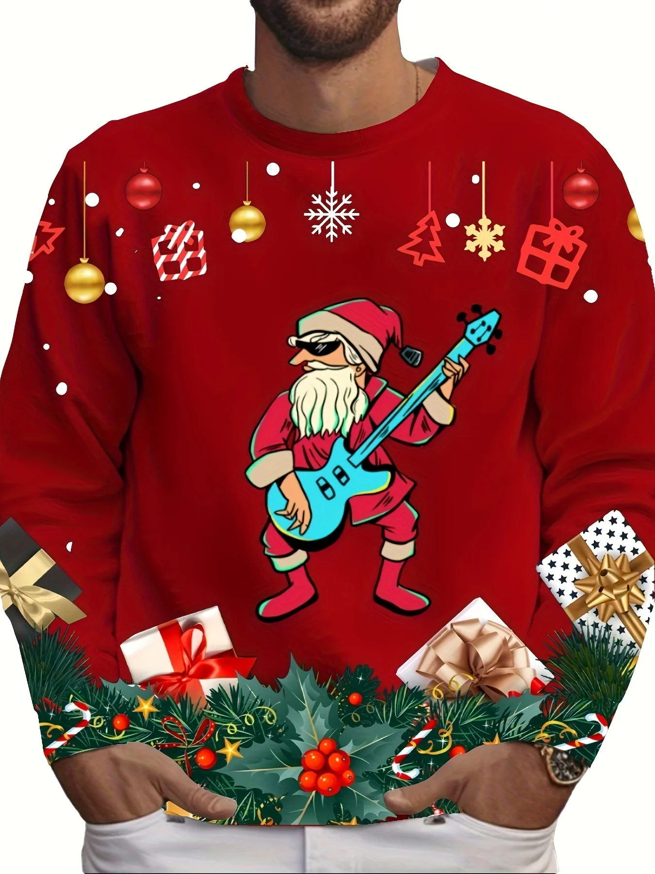 Christmas Men's 3D Santa Claus Snowman Printed Round Neck Long Sleeve T-shirt Casual Long Sleeve Top Party Loose Men's Top