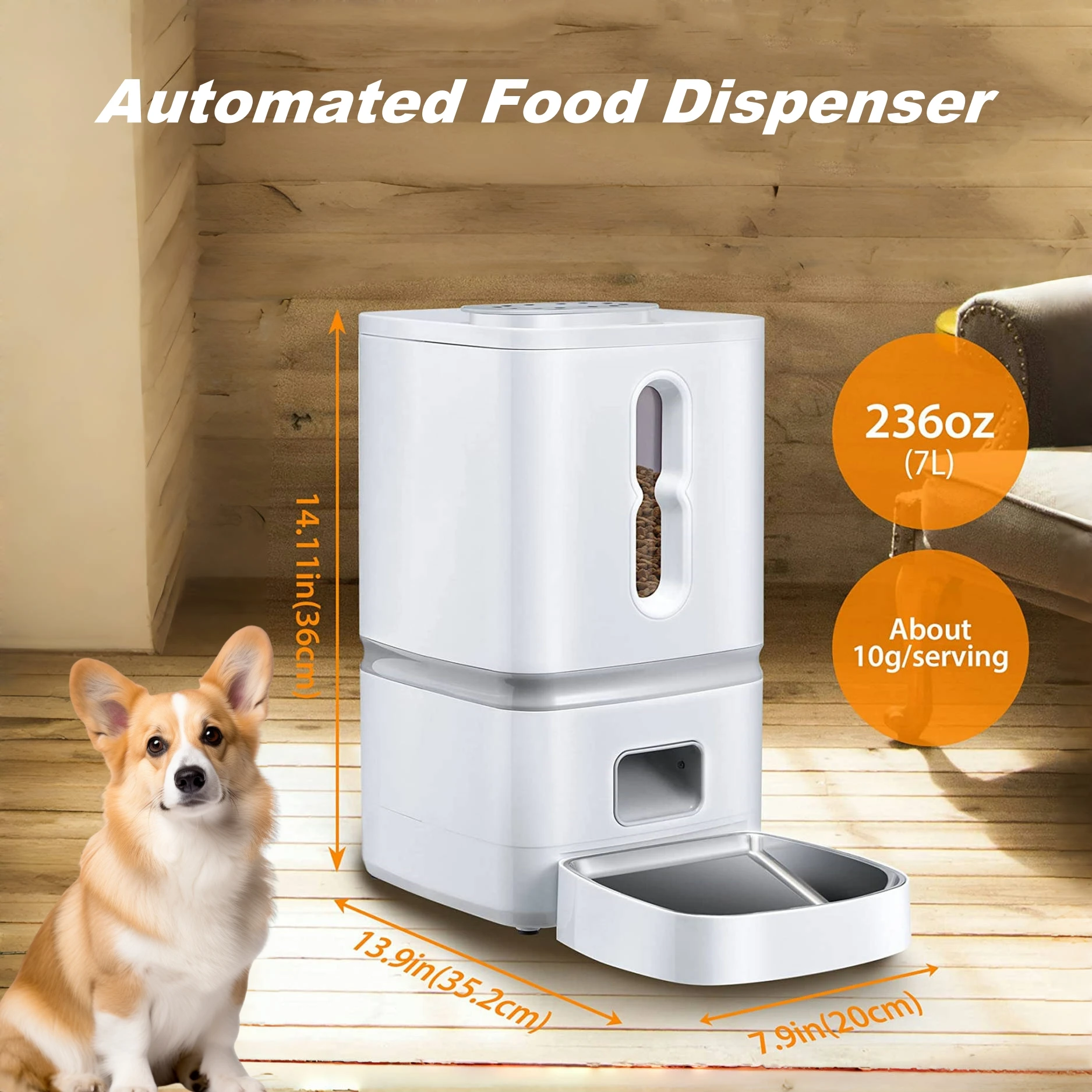 

Automatic Pet Feeder Smart Food Dispenser Timed WIFI Control for Dog/Cat with Desiccant Bag & Voice Recorder 7L Large Capacity