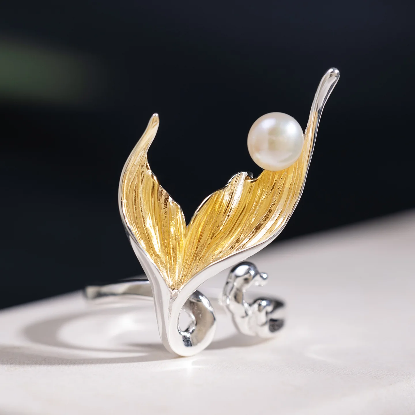 BOCAI NEW S925 Pure Silver Simple And Fashionable Freshwater Pearls Fishtail Ring