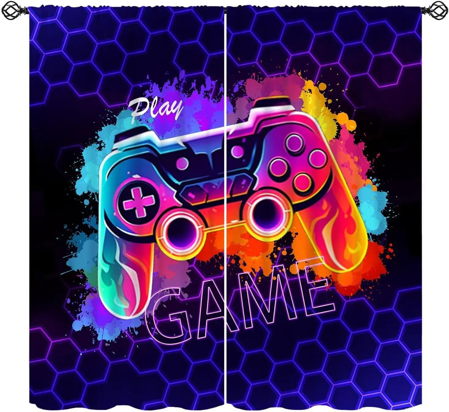 Gamer Neon Curtains, Gradient Glow Game Controller Paint Splatter Hexagonal Mesh Play Letter Print for Teen Gaming Room Interior