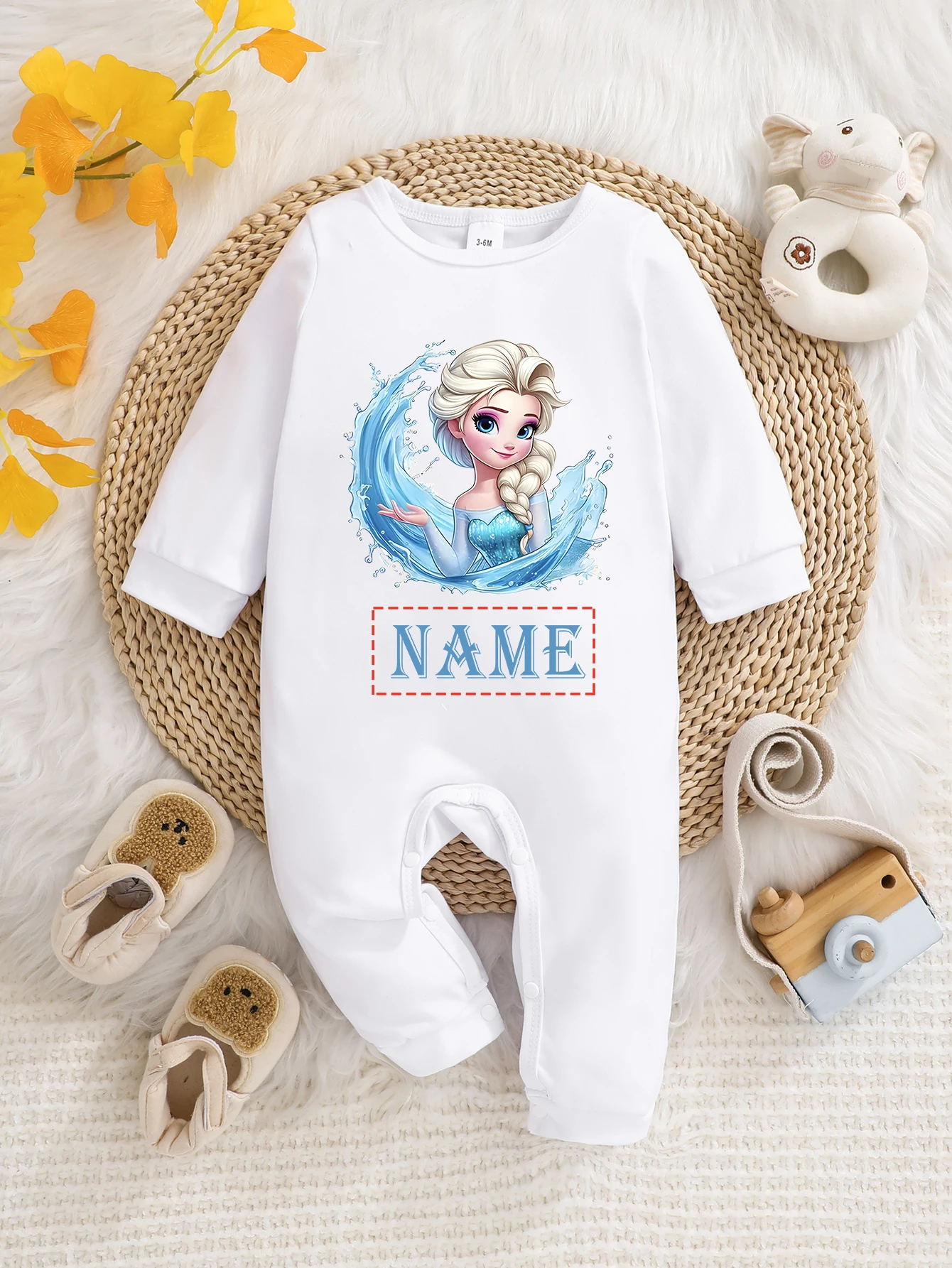 

[Officially Authorized] Disney Frozen Elsa Princess Baby Long-Sleeved Onesie, Customizable with Name, Soft and Easy-Care Fabric
