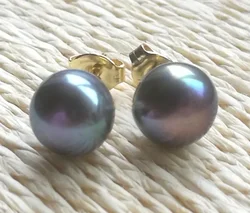 Charming AAA+ Tahitian 10-11mm Cultured black green pearl earrings 14k gold