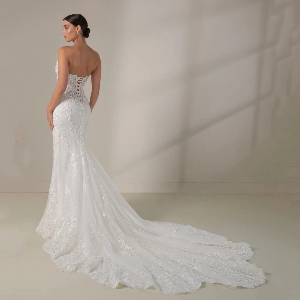 레이스 고급 웨딩 드레스 맞춤형 우아한 인어 신부 드레스 스트랩리스 스파게티 스트랩 신부 가운 베스티도스 데 노비아