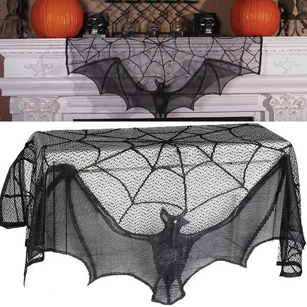 Cortinas de ambiente escalofriante, conjunto de decoración de encaje de Halloween, cenefa de ventana de red de araña de murciélago, manto de Casa Encantada para chimenea