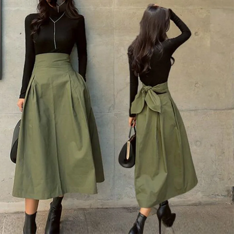 

Army Green Skirt Women Saias With Bow On Back Girls Wedding Guest Party Gowns High Waist Mid-Calf A Line Satin Skirts For Lady