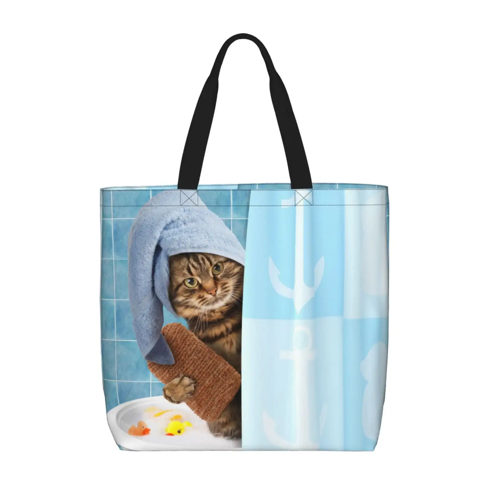 

Сумки-тоут с забавным котом и принтом для ванны, многоразовая сумка для покупок продуктов, сумка через плечо с внутренним карманом