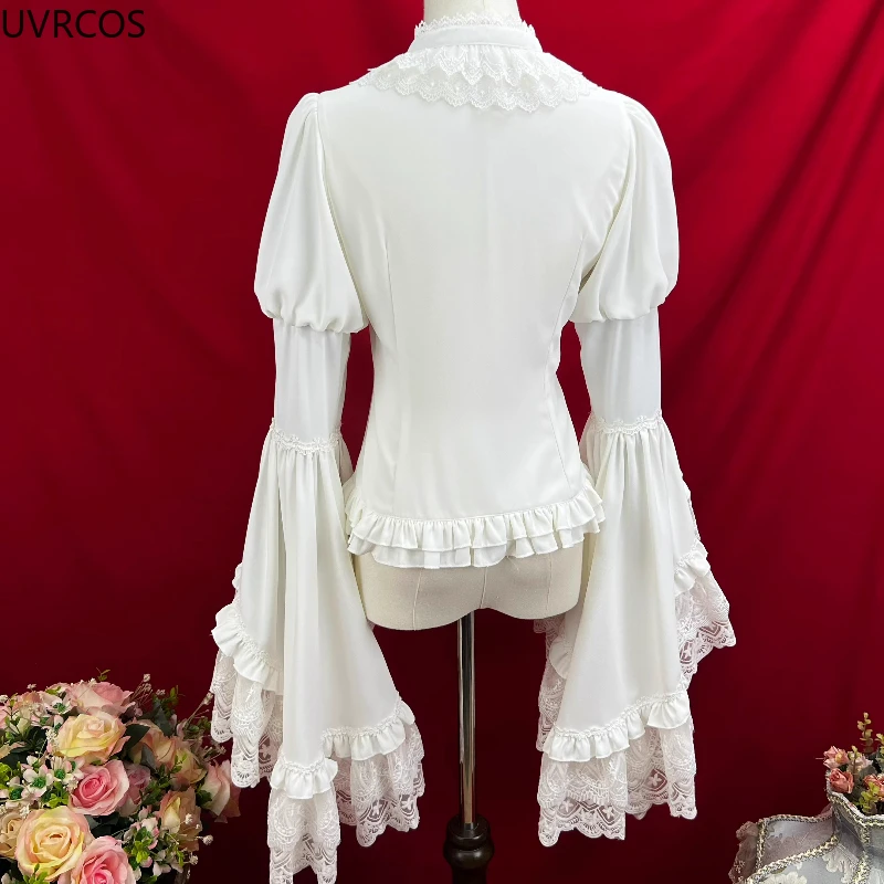 Victorian Vintage Lolita Blouse Elegant Women Gothic Y2k Ruffles Stand Collar Lace Patchwark Flare Sleeve Shirt Female Sweet Top