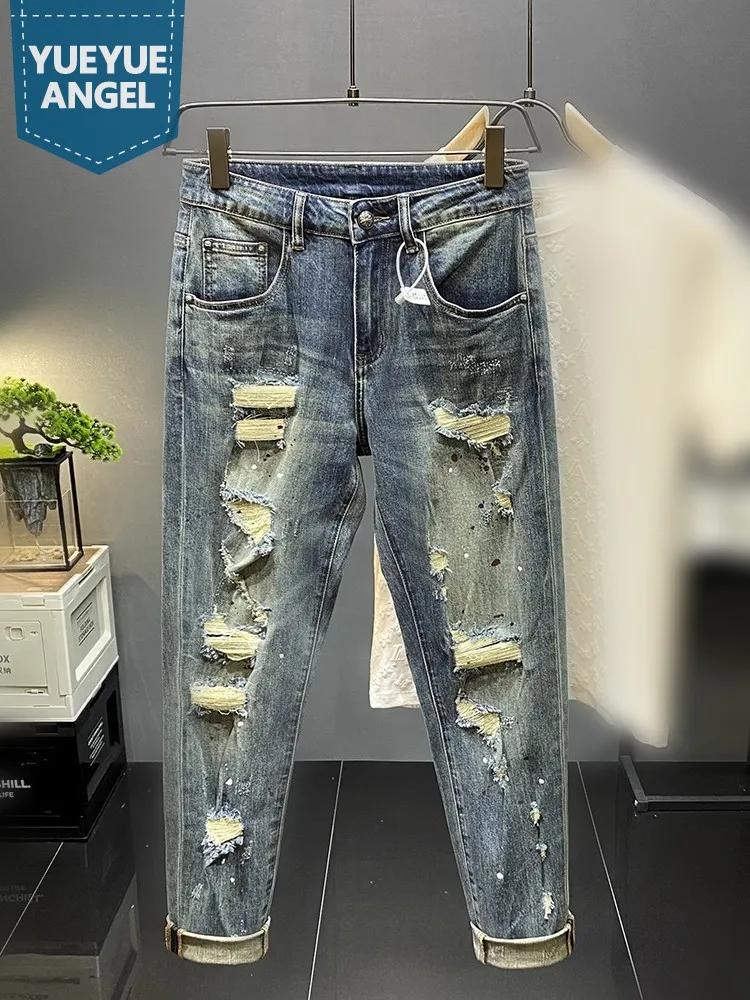 

New Hip Hop Personality Hole Ripped Slim Fit Denim Pants Straight Trousers High Street Fashion Spring Summer Men Casual Jeans