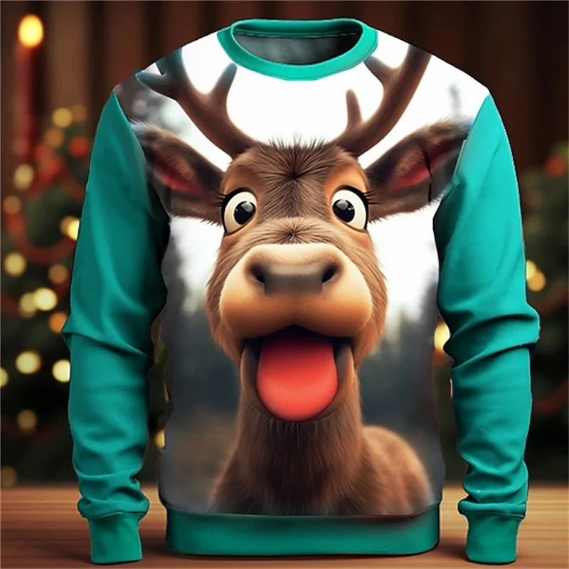 3D Print Men's Elk Graphic Sweatshirts Clothes Merry Christmas Long Sleeve Crew Neck Pullovers Hoodies Mens Xmas Party Hoody Top