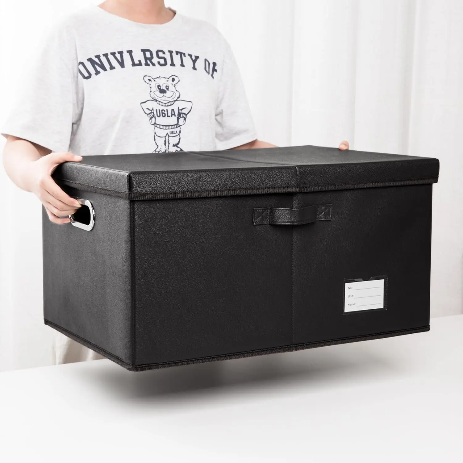 3-Pack Collapsible Storage Box with Lid, Leather Fabric Foldable Bins for Home Closet Office, Black 22.8x15.7x11.8 view 6