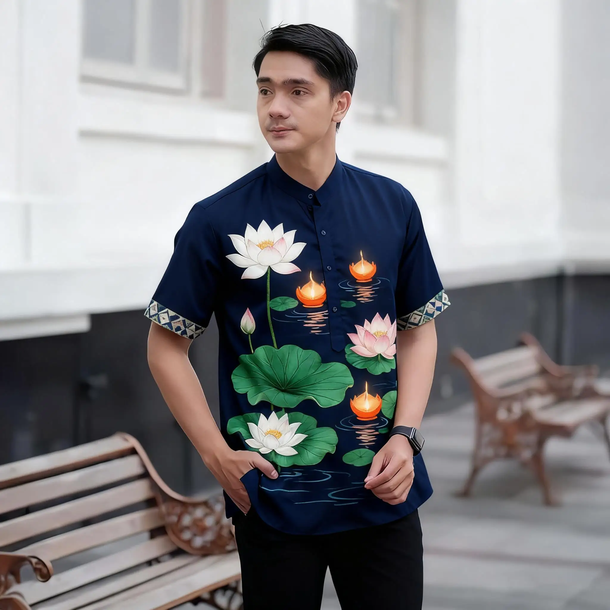 الرجال المسلمات الإسلامية العربية عباية قصيرة الأكمام قميص العرقية طباعة الوقوف طوق الشباب 2026 معطف فاخر ملابس عصرية غير رسمية