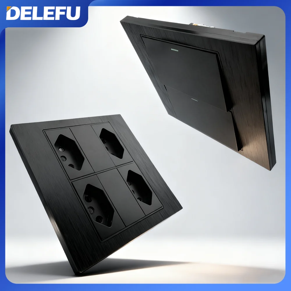 DELEFU 4x4 Aluminium Wire Panel Brazil Standard Outlet Double USB Type C Wall Power Socket Light Switch Office Black 10A 20A