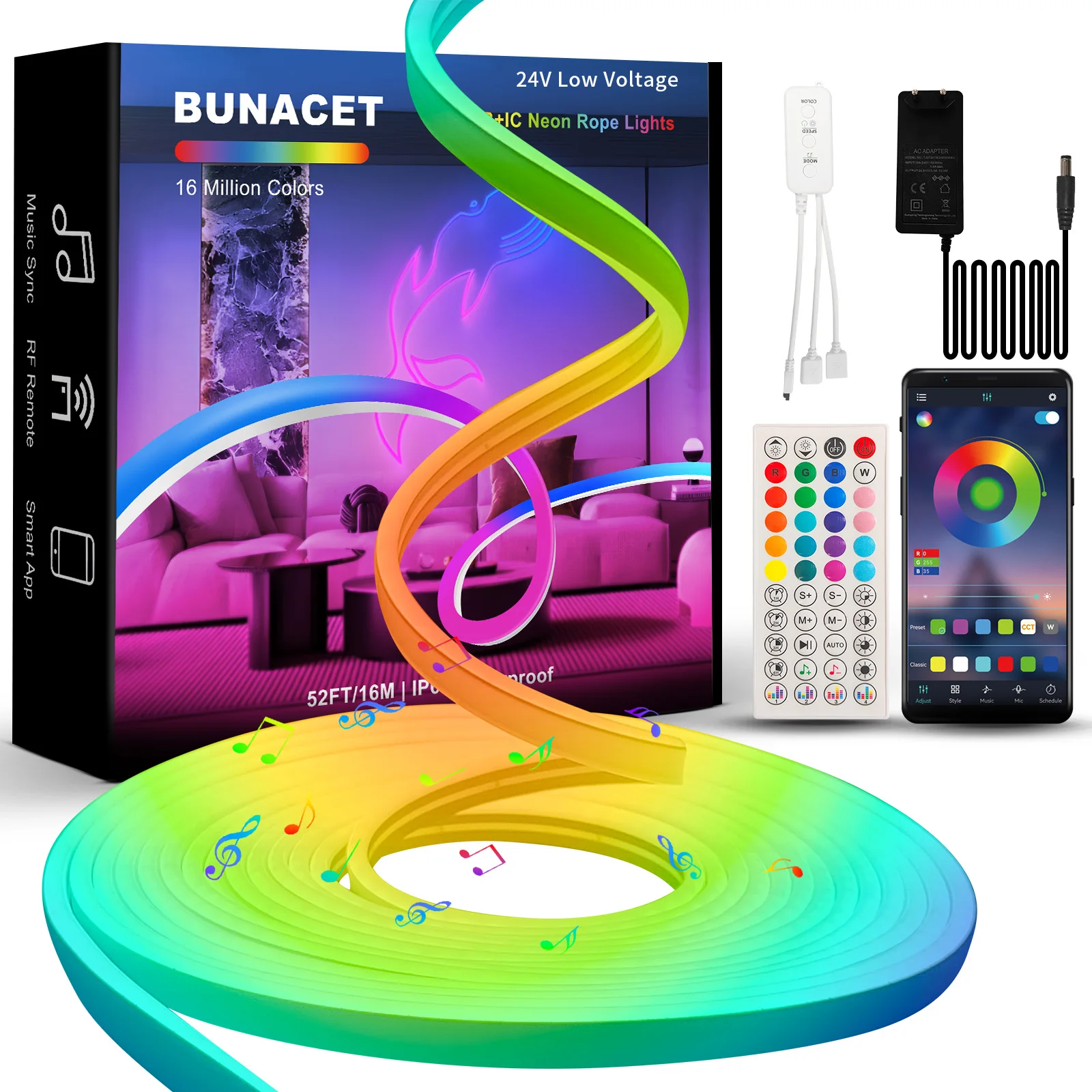 24V Neon Led String Light Strip Outdoor Lighting Waterproof Addressable Smart Bluetooth Led Ribbon 8M 16M Neon Rgbic Strip