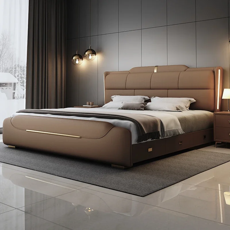 Leather Bed Light Luxury Bedroom Soft Package Wedding Bed With Lamp 150x200 Master Bedroom Double Bed Lit 2 Personnes Furniture