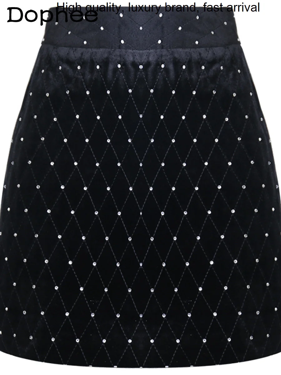 Polka Dot Black Velvet Women Autumn Winter French Elegant Rhinestone High Waist Slim Fit A- Line Hip Mini Skirt