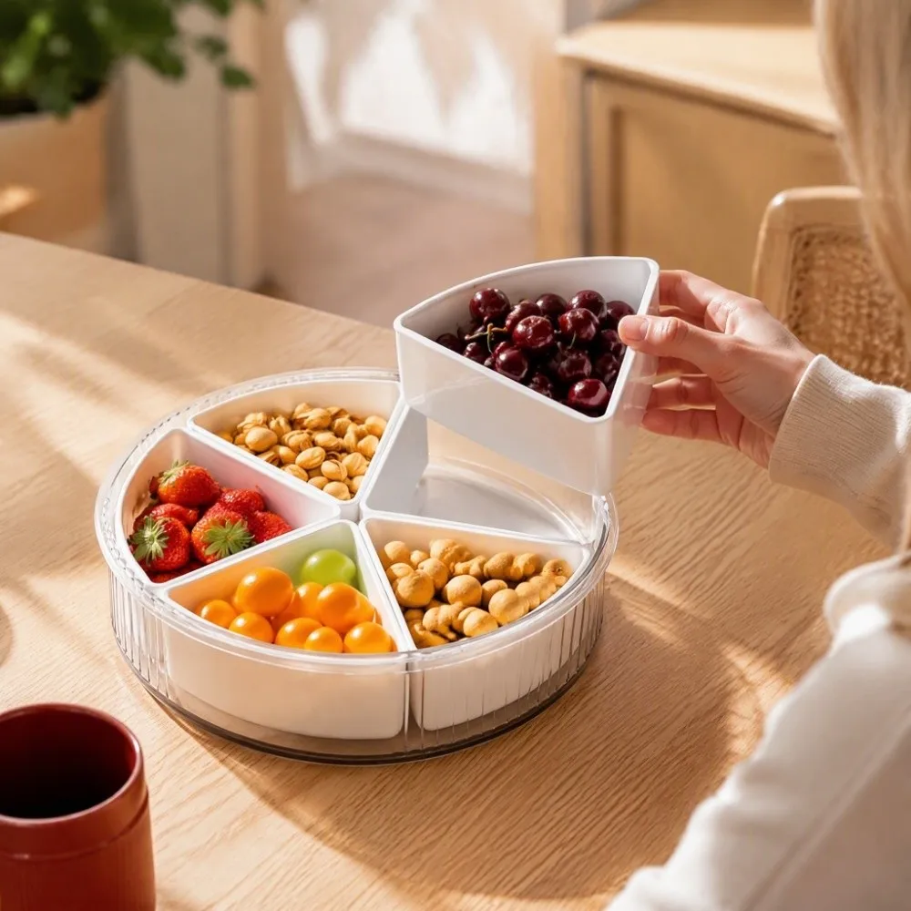 Sealed Rotating Serving Tray Divided Compartmentalized Snack Storage Box Phone Slot With 5 Compartments Rotating Fruit Tray