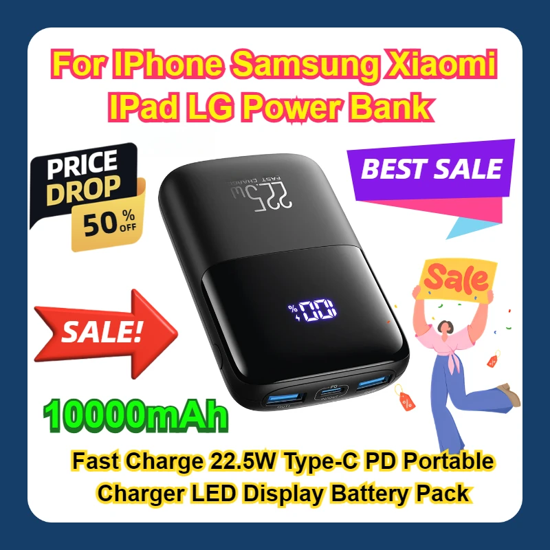 

For IPhone Samsung Xiaomi IPad LG Power Bank 10000mAh Fast Charge 22.5W Type-C PD Portable Charger LED Display Battery Pack