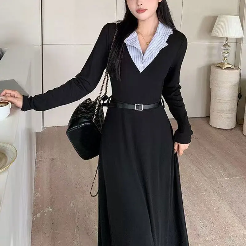 French Style Aura Midi Dress Spring Autumn New Fake Two Pieces Female Clothing Polo-Neck Patchwork A-Line Stylish Sashes Dresses