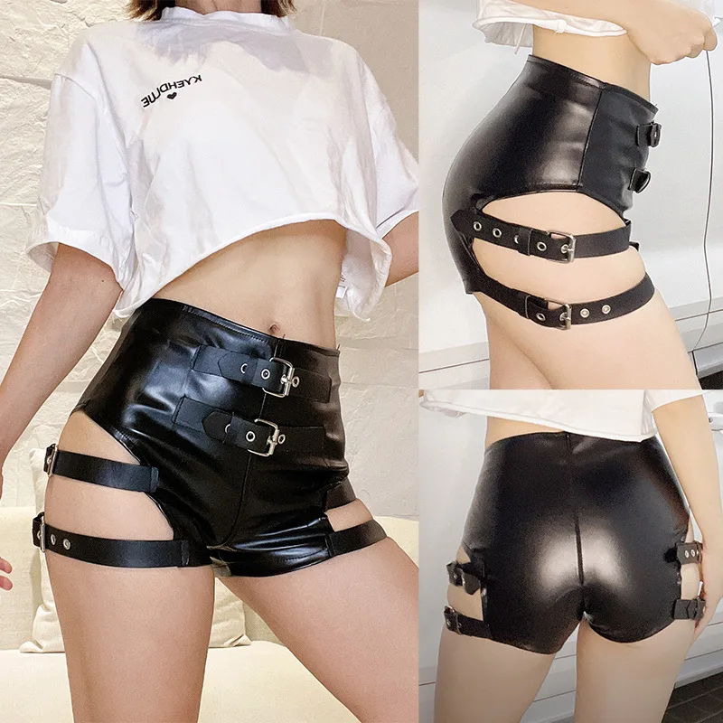 2022 New Female Pu in pelle verniciata a vita alta pantaloncini elastici Bar Ds Dance Performance Clothes Sexy Nightclub nero