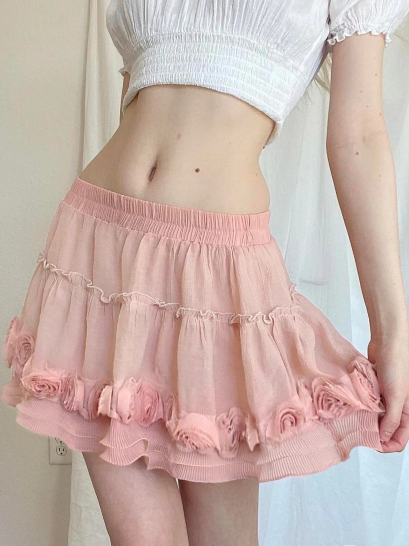 A Three-dimensional Flower Patchwork Pink Skirt with A Youthful Girlish Feel, Versatile A-line Short Skirt for Women