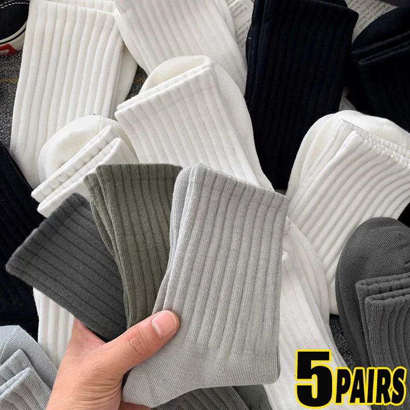 

1/5pairs White Black Mid Tube Socks Men Non-slip Stripe Versatile Business Male Sock Casual Simple Sports Cotton Floor Sox