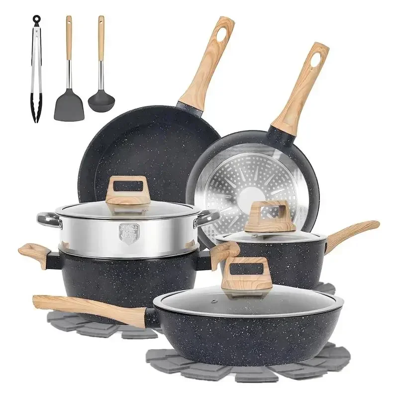 HE 16pcs Granite Pots Pans Set Kitchen Cookware Sets Granite Nonstick Cooking Set with Frying Pans, Saucepans, Steamer,Shovel