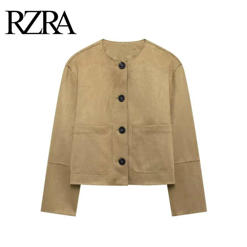 

RZRA original 2024 autumn and winter new women's double pocket decorative suede texture round neck long-sleeved jacket