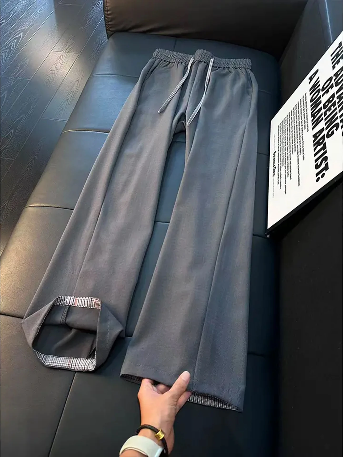 Gray American Tessellated Men's Summer Thin Splicing Checkered Flared Casual Pants Drape Straight Leg Fashionable Youthwear