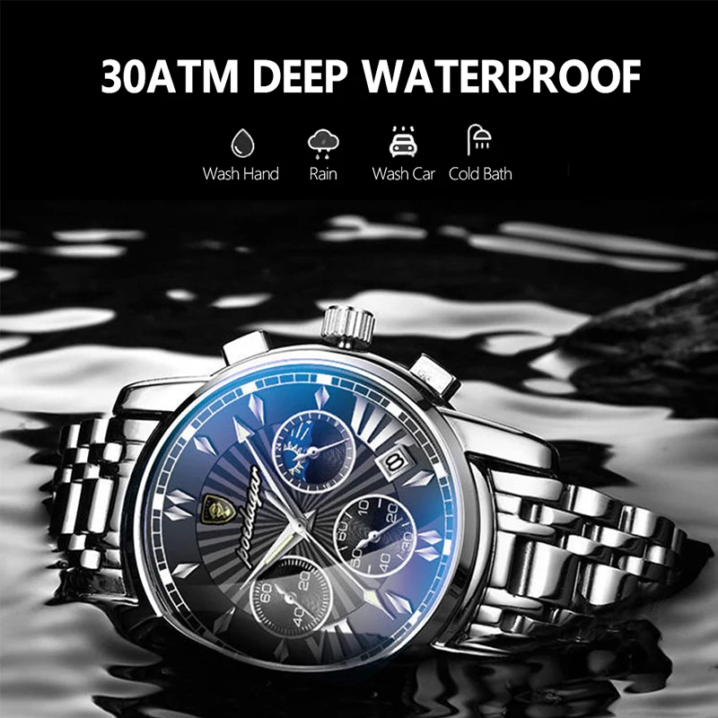 POEDAGAR Sport Brand Men\'s Watch Business Luxury Stainless Steel Luminous Men Wristwatches Quartz Rose Gold Waterproof Man Clock