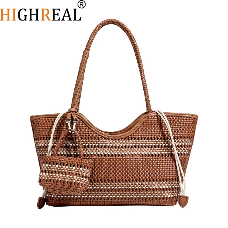 French Pu Leather Woven Bag Fashion Simple Basket Bag Retro Advanced Handmade Bag Versatile Commuting Women's Shoulder Handbag