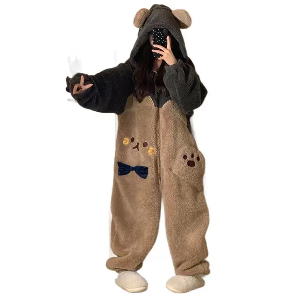 

Cute Bear Hooded Coral Fleece One-piece Pajamas For Women Winter Thick Plush Flannel Onesie Animal Cosplay Sleepwear Jumpsuits