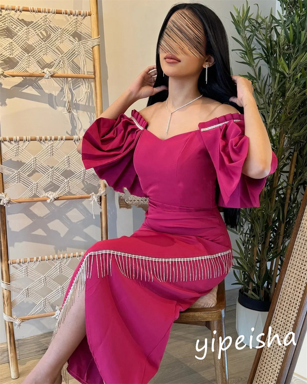 Jiayigong High Quality  Prom Satin Tassel Valentine's Day A-line Off-the-shoulder Bespoke Occasion Gown Midi Dresses