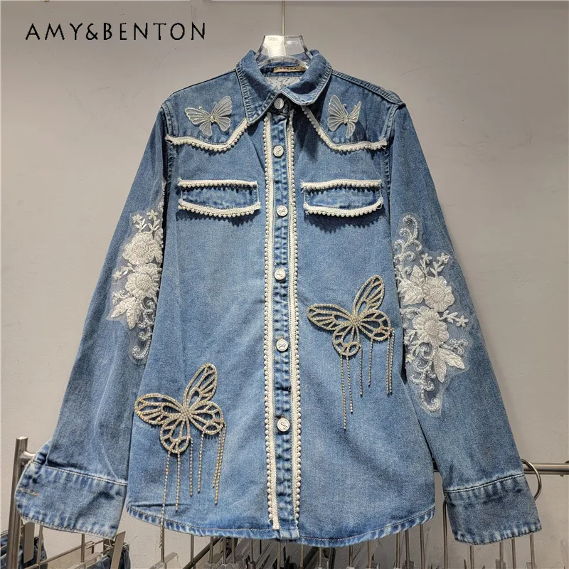 

Модная женская блузка с длинным рукавом, винтажный дизайн, кружевная рубашка в стиле Heavy Industry, топ с кружевными вставками и джинсовыми элементами, весна 2026, ретро