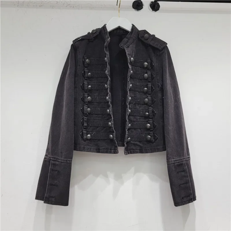 

Spring Women New Vintage Black Short Denim Coat Korean Loose Stand Collar Button Decoration Long Sleeve Jeans Jacket Streetwear