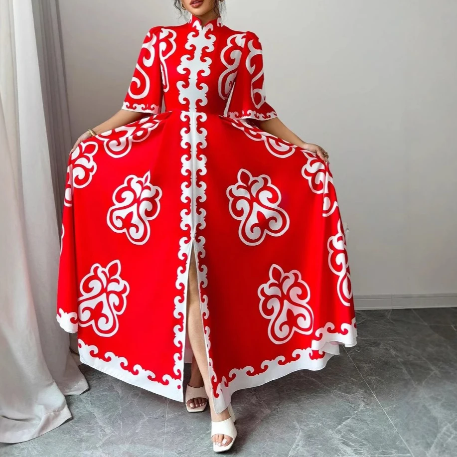 

Long Dress Women Dresses A Line Vestidos Streetwear Stand Collar High Waist Print Slim Fit Elegant Splice Y2k Party Club Work