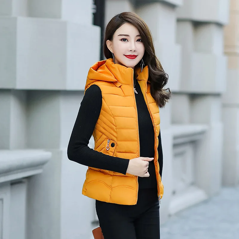 

Women's ort Thiened down Cotton Vest Slim Fit Detachable Cap Jaet Faionable Outerwear Korean Sle Inner Wear Polyest...