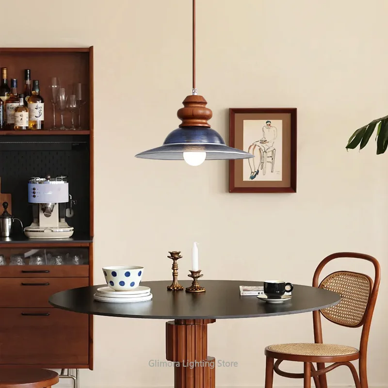 Vintage Bedside Pendant Light- Retro Walnut & Stained Glass for Bedroom & Airbnb Home Room Decor Wall