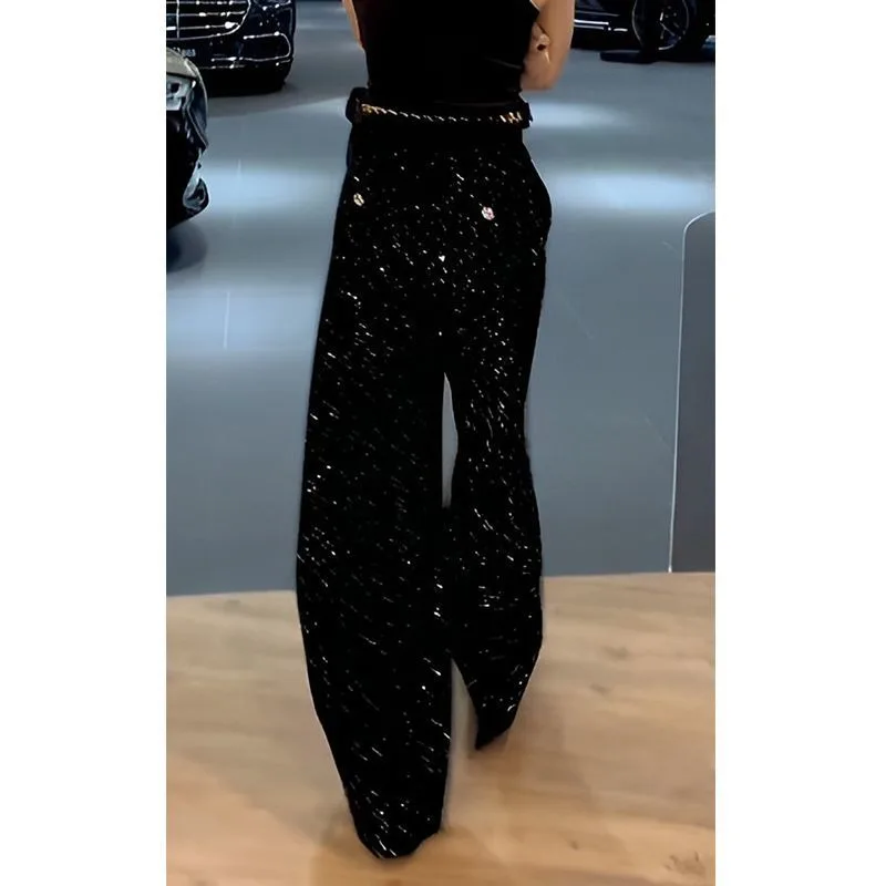 

Popular Autumn Comfortable Winter New Straight Pants Draped High-end Black Pants High Waist Thin Sequined Wide-leg Pants Women