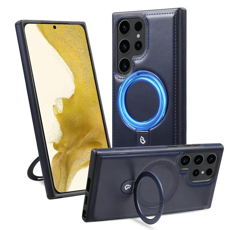 Luxury Magnetic Bracket PU Leather Phone Case, For Samsung Galaxy Series S25 S24 S23 S22 Ultra Magsafe Wireless Charging Case